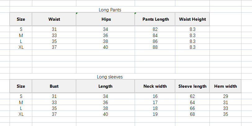 a spreadsheet table displaying size measurements for an orange jacquard seamless yoga two piece set with columns for waist hips pant length bust sleeve length neck width and hem width across sizes s through xl