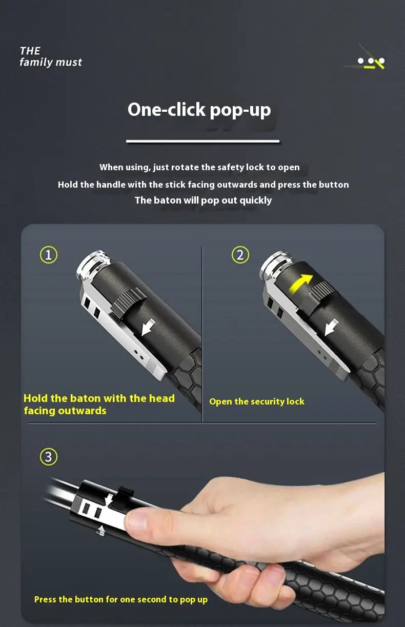 Black textured self-defense baton made of aluminium alloy with an automatic spring silver safety lock and button mechanism.