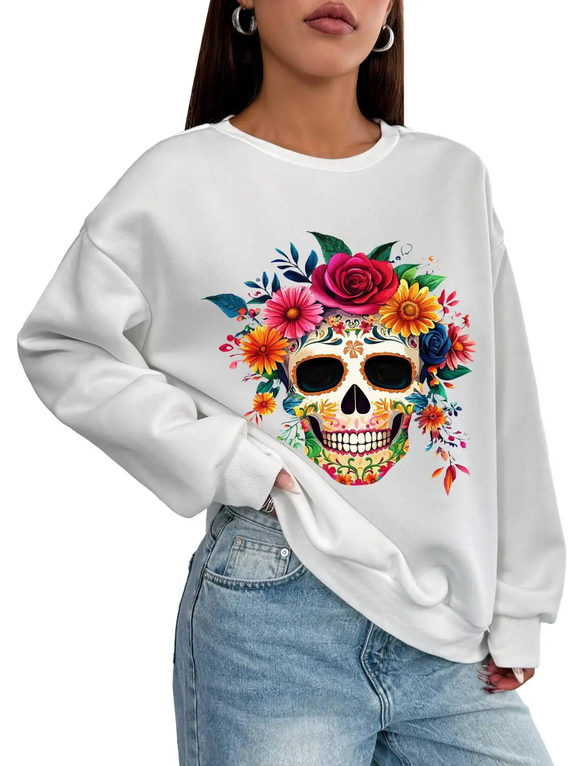 white long-sleeved crew neck sweatshirt with a vibrant colorful floral sugar skull design ideal for daily wear basic long sleeve comfort