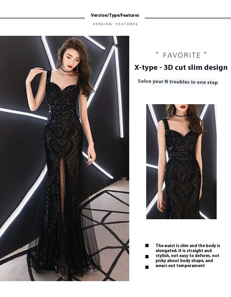 black fishtail long summer sequins sling evening dress with a fitted x-type 3d cut and high slit in black sequins