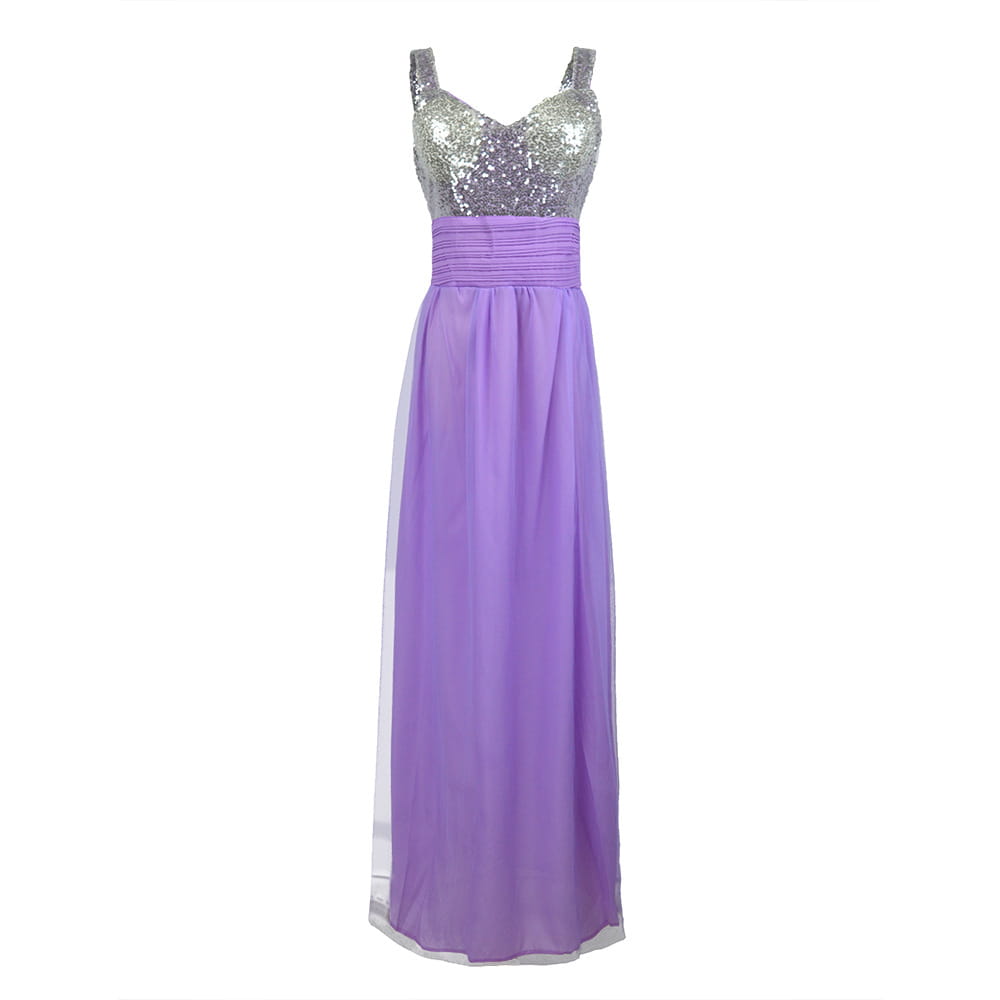 a bridesmaid dress long featuring a shimmering silver sequined bodice with a flowing lavender chiffon skirt, matching pleated waistband, and sheer side panels, perfect as a bff bridal gown or dress long dress.