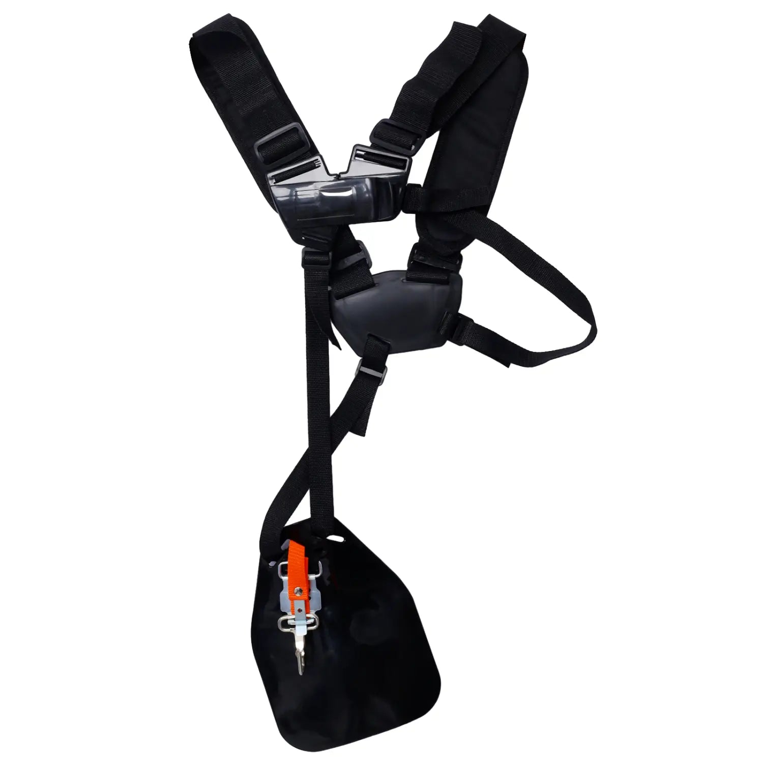 black fabric harness with adjustable straps and padded chest piece featuring an orange and silver metal attachment point designed for gas powered plastic pruning tools with adjustable handle