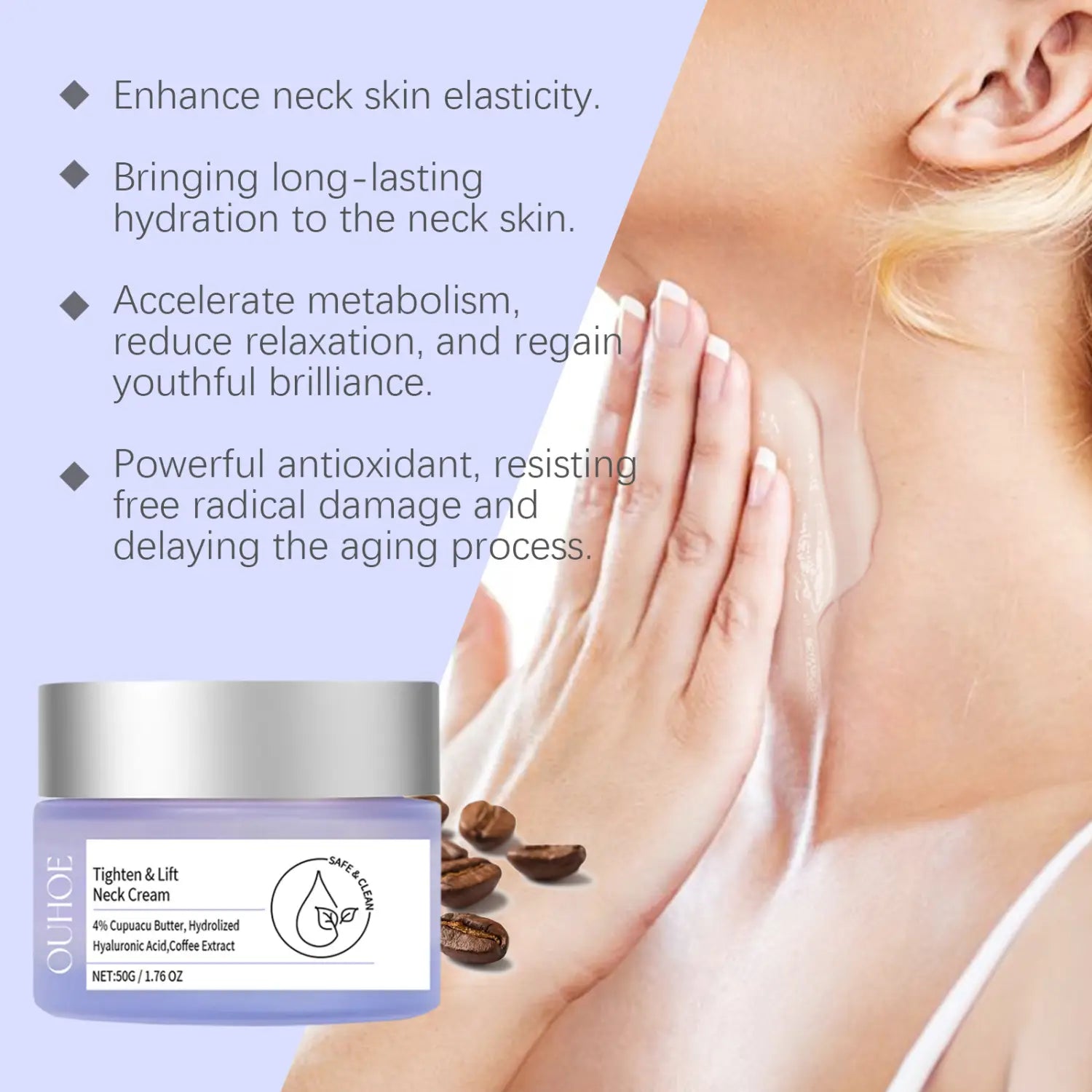 A lavender-colored jar of ouhie anti-aging neck cream smoothing fine lines with a silver lid and white label.