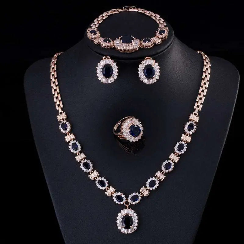 Rose gold jewelry four-piece suit with brand retro zircon deep blue stones and clear crystals in a matching set