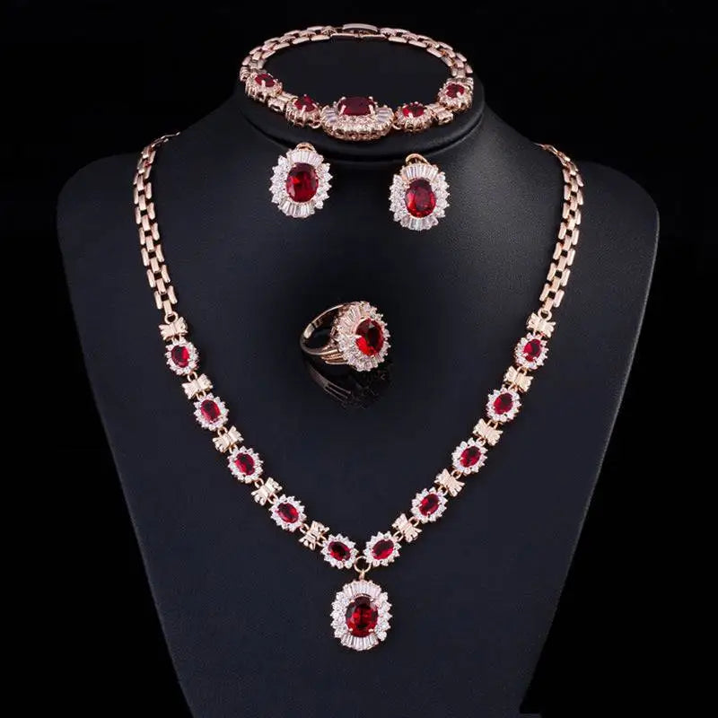 Elegant rose gold jewelry four-piece suit with vibrant red brand retro zircon gemstones and sparkling white crystals