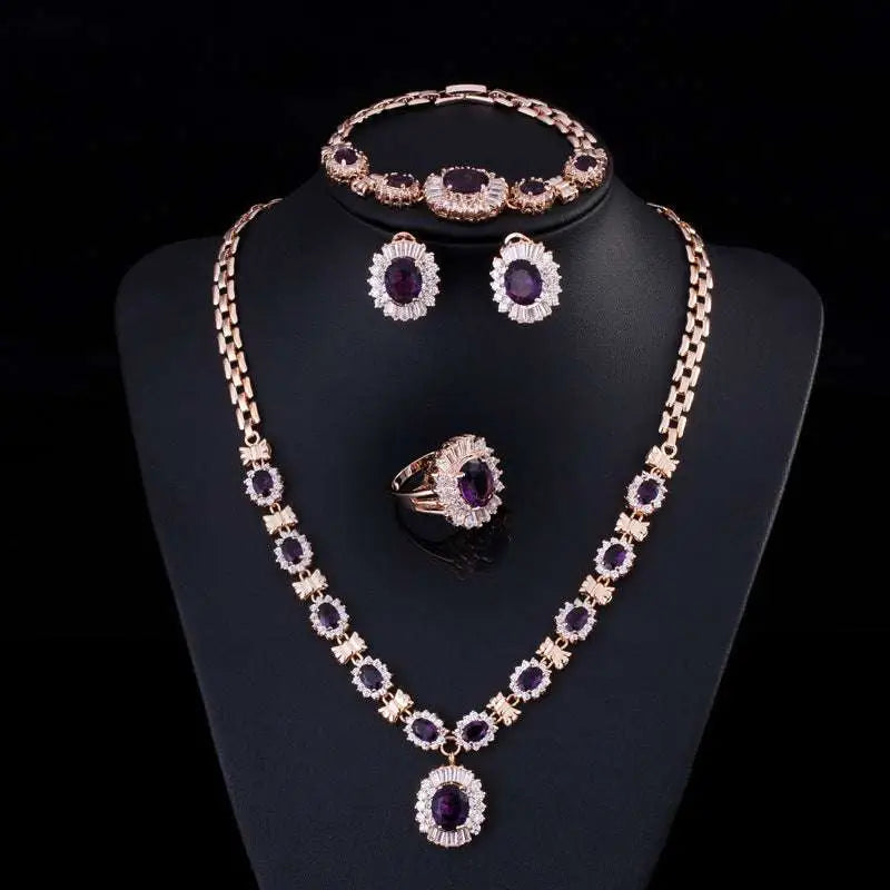 Elegant rose gold jewelry four-piece suit featuring brand retro zircon deep purple gemstones with clear crystals