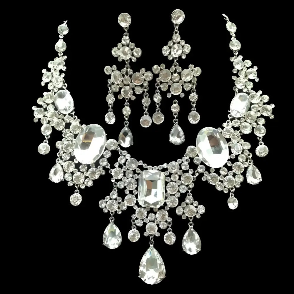 A dazzling silver-toned big crystal bridal rhinestone necklace and earring set with cascading clear crystals