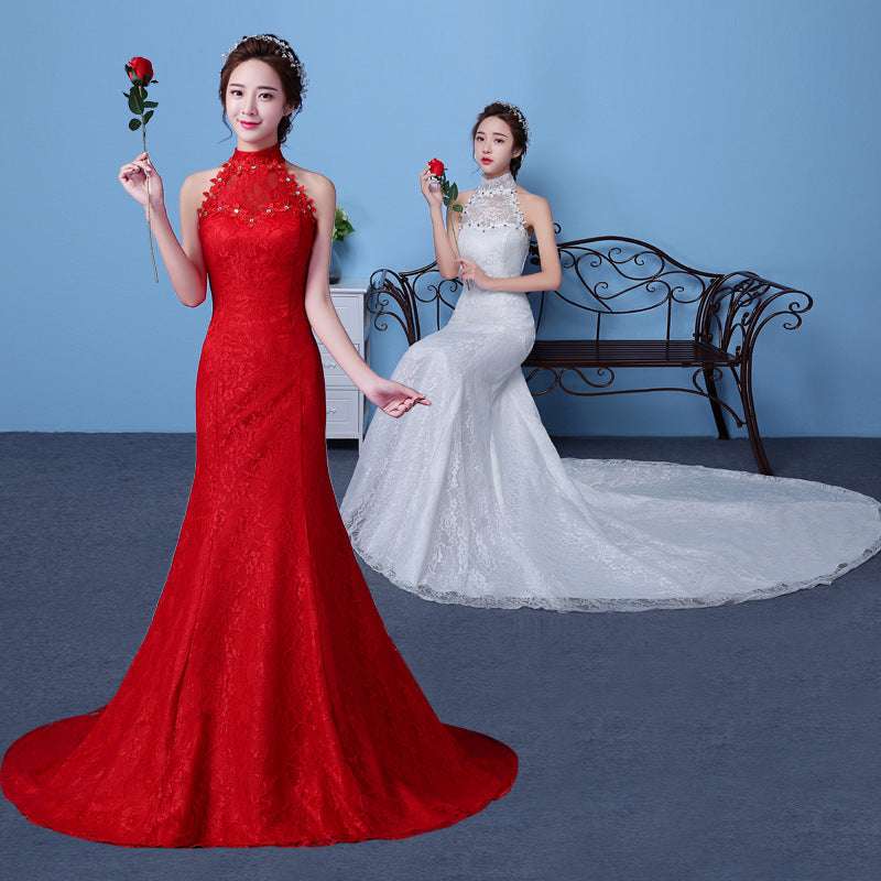 Big Red Wedding Dress Bride Large Size Waist Fishtail Wedding Dress Fishtail Tail Korean Hanging Neck Button Full Cup Plus Size Bra Without Wi Royalessencelux