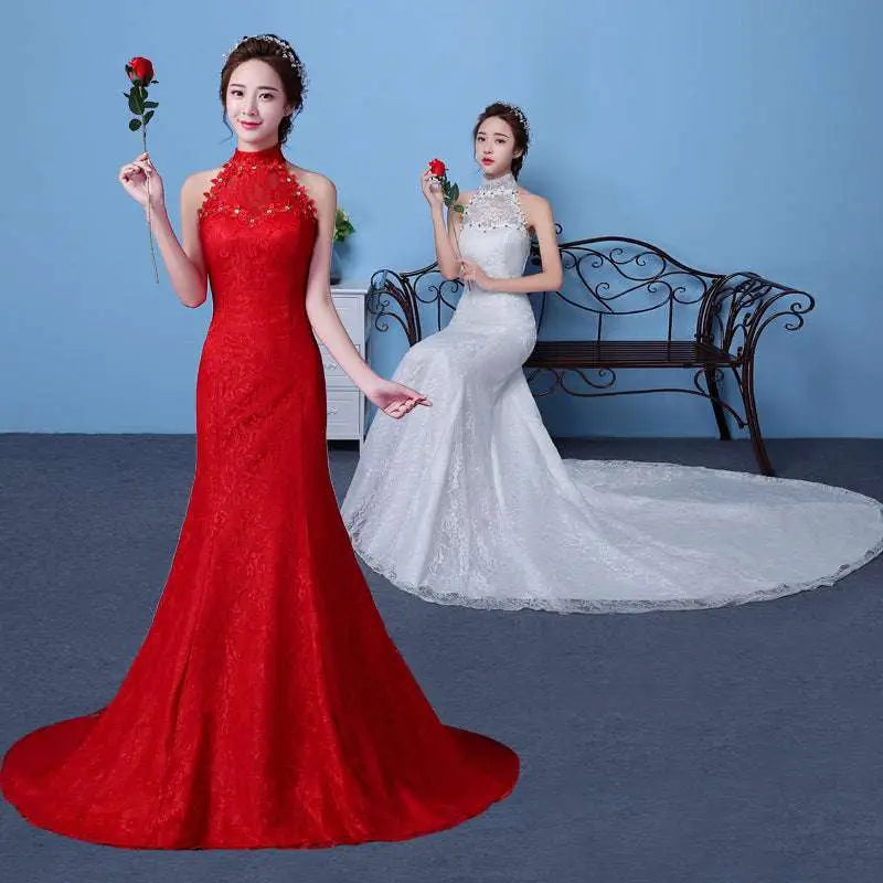 A vibrant red lace mermaid wedding dress with high neckline and intricate beaded embellishments for size waist