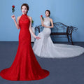 A vibrant red lace mermaid wedding dress with high neckline and intricate beaded embellishments for size waist