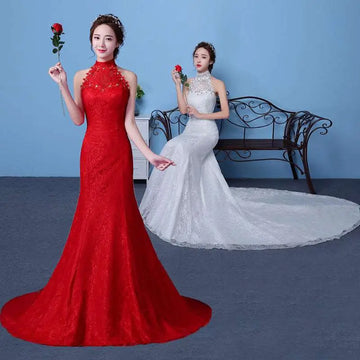 A vibrant red lace mermaid wedding dress with high neckline and intricate beaded embellishments for size waist