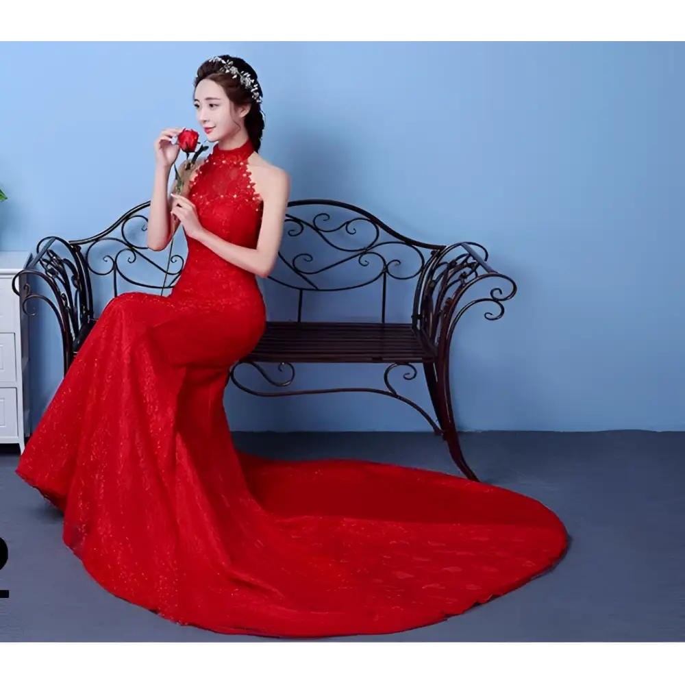 A vibrant red lace mermaid wedding dress with high neckline and intricate beaded embellishments for size waist