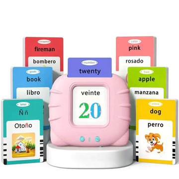 Pink plastic bilingual talking flash cards with digital screen showing number 20 in green and blue