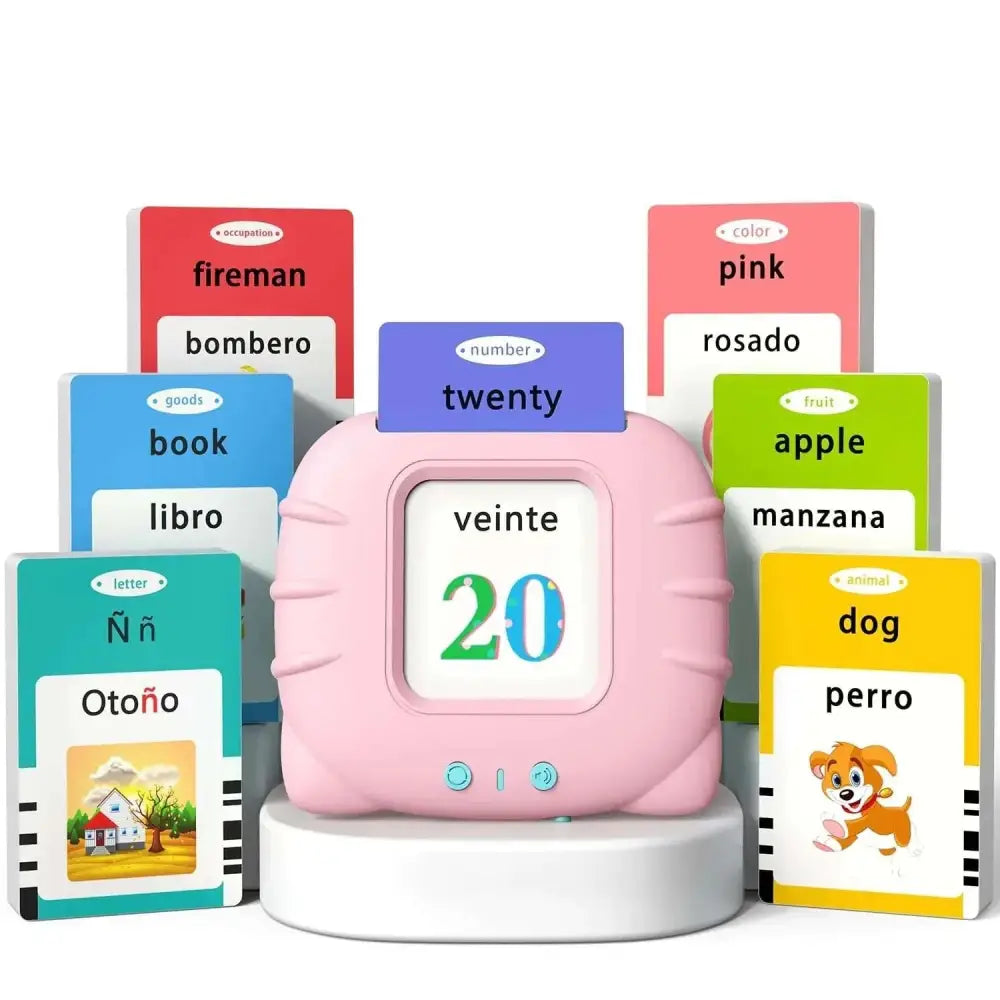 Pink plastic bilingual talking flash cards with digital screen displaying number 20 in green and blue for learning use
