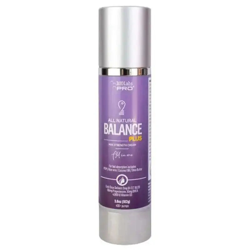 Purple cylindrical bottle of biolabs pro balance plus cream with silver cap for all natural hair strength and balance