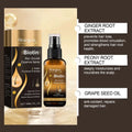 Hoegoa biotin hair growth essence spray in amber glass bottle with black spray nozzle and gold droplet accents