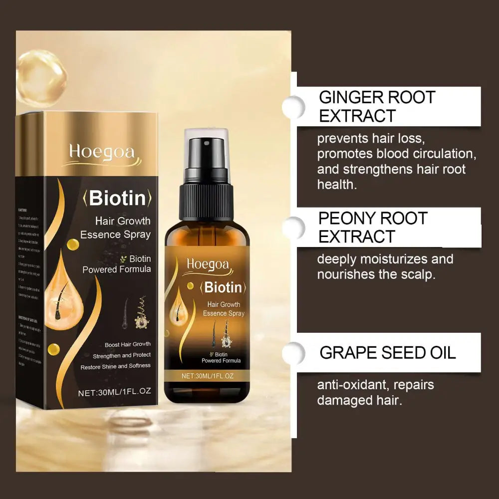 Hoegoa biotin hair growth essence spray in amber glass bottle with black spray nozzle and gold droplet accents