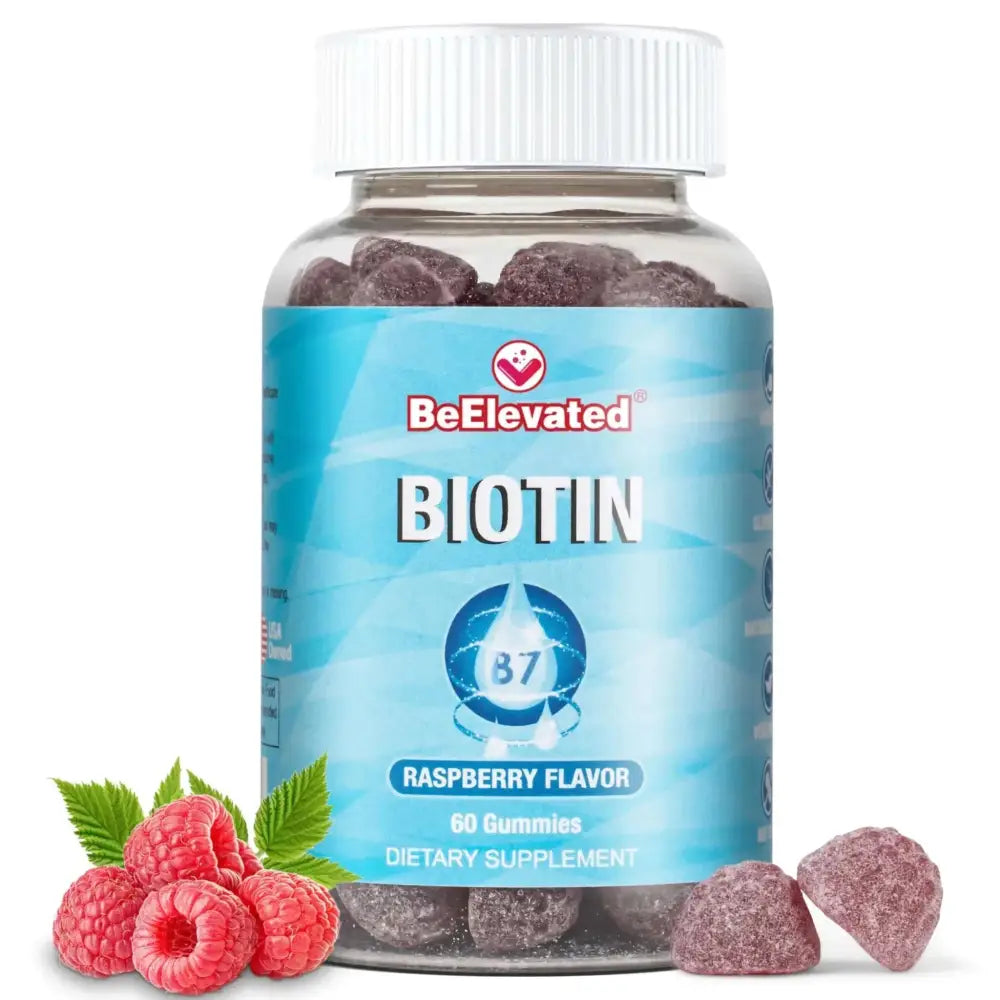 Beelevated biotin hair growth vitamins in a clear bottle with white cap raspberry gummies 60 count