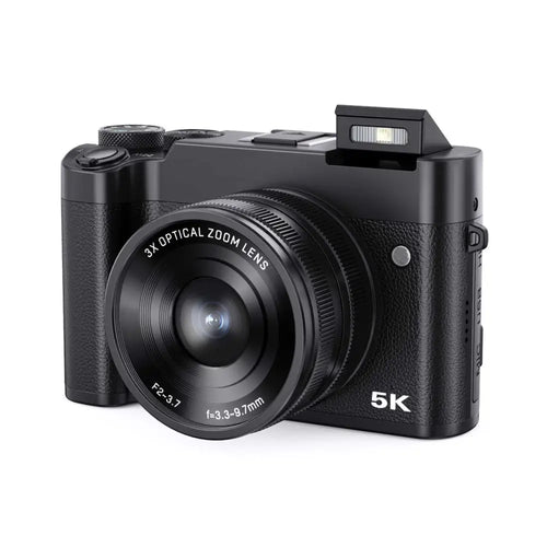 Black 5k digital camera with textured grip and 3x optical zoom lens from royale essence lux