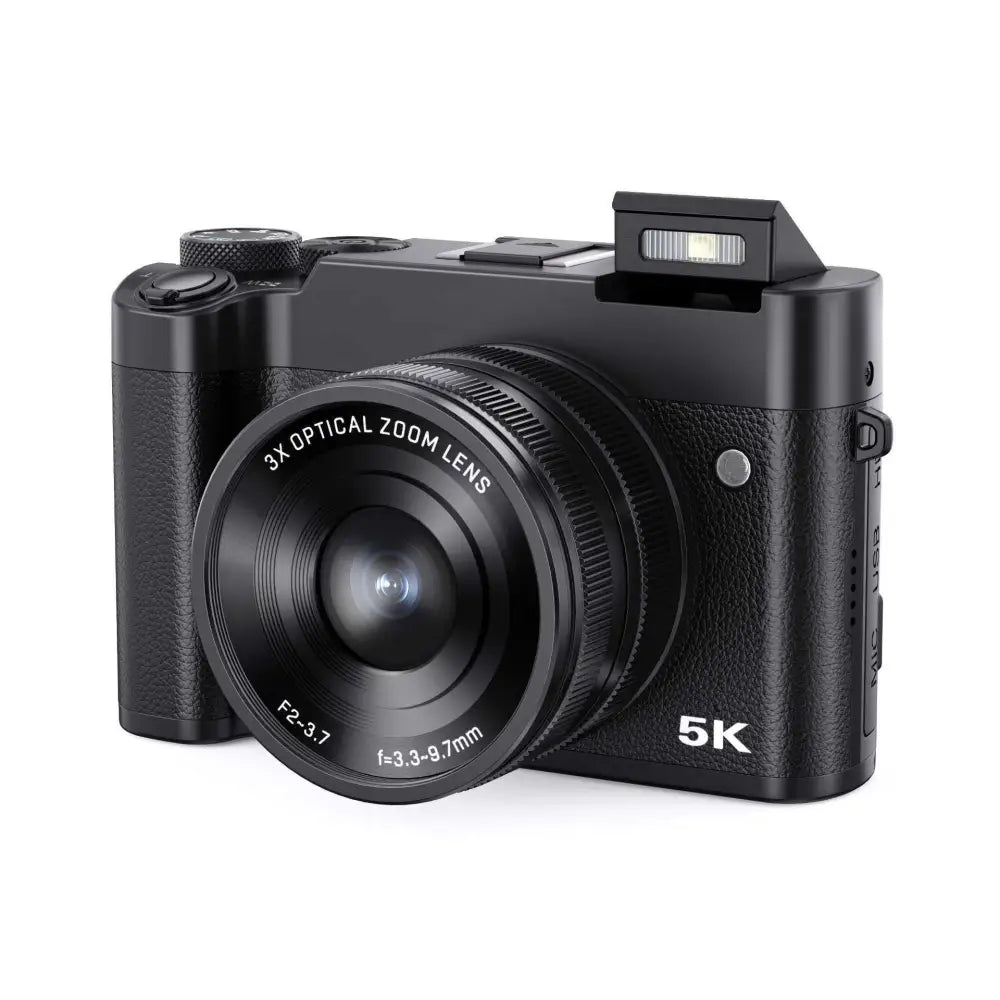 Black 5K digital camera with royale essence lux finish, textured grip, and 3x optical zoom lens for versatile photography