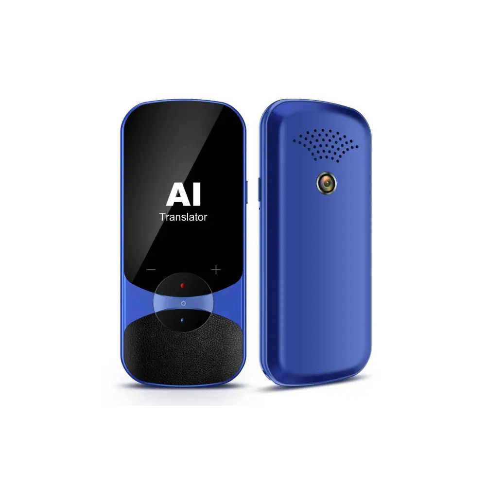 Black ai offline translator with glossy screen textured lower panel and circular light button for offline translation