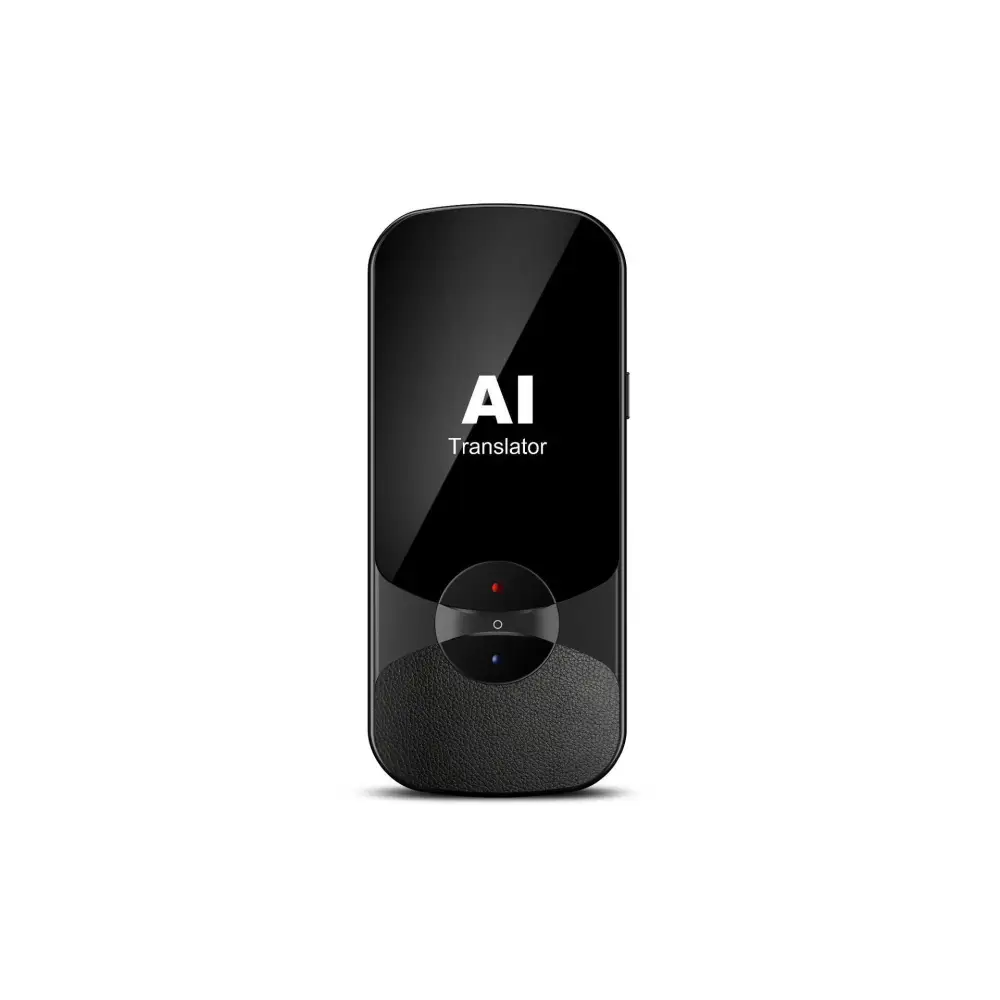 Black ai offline translator with glossy upper half, textured lower panel, and circular light buttons below screen