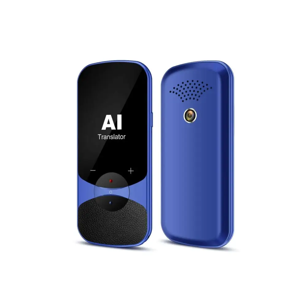 Black ai offline translator with glossy front panel, textured lower panel, and circular light button for offline use