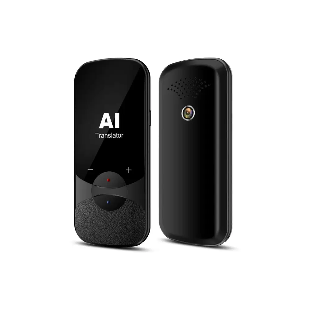 Black ai offline translator with glossy screen textured lower panel and circular light button for offline use