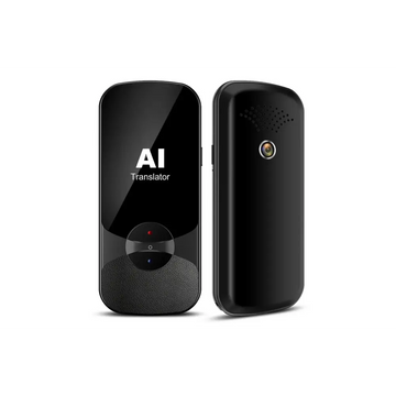 Black ai offline translator with glossy front panel, textured lower panel, and circular light button for offline use