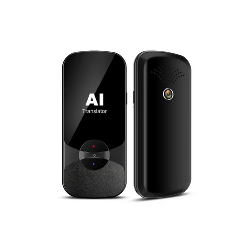 Black ai offline translator with glossy front panel, textured lower panel, and circular light button for offline use
