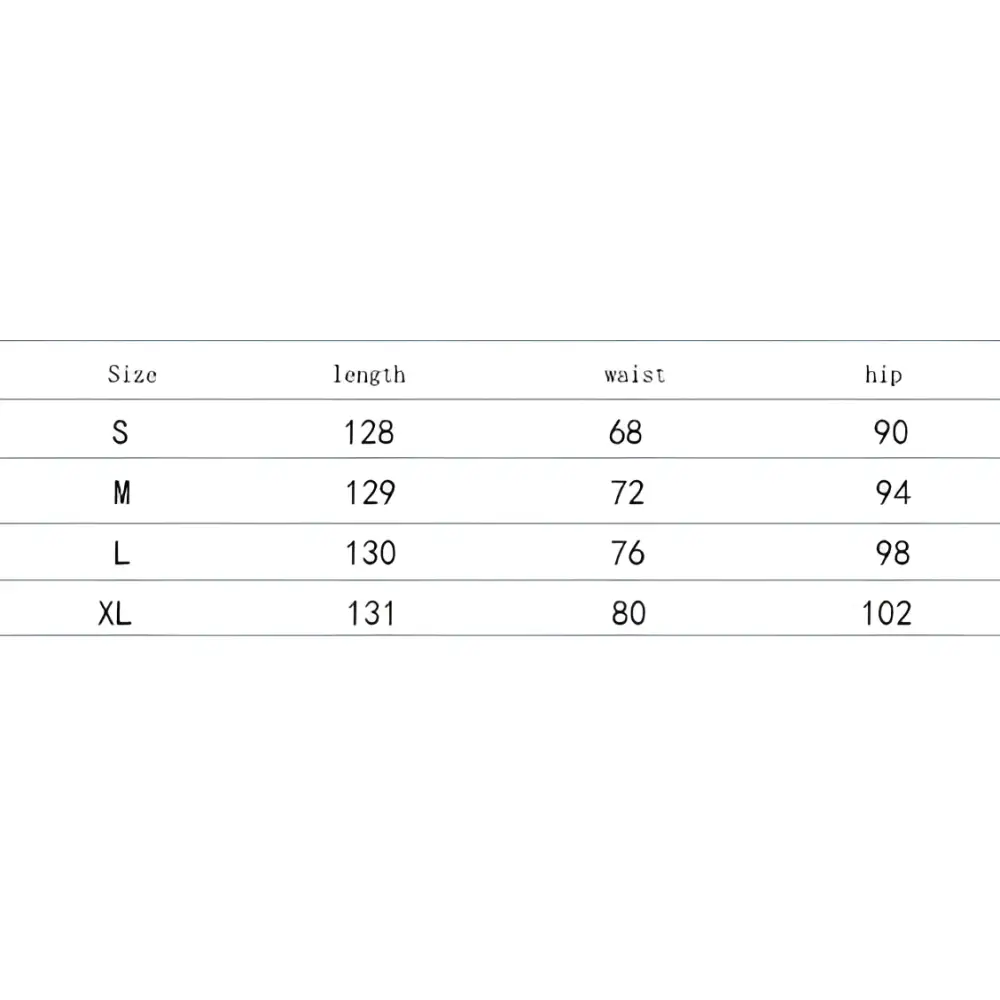 Size chart for black american style women dress with glossy faux leather skirt showing measurements in centimeters from s to xl