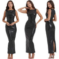 Black American style women dress with sleeveless glossy faux leather midi skirt and high neckline with side slit