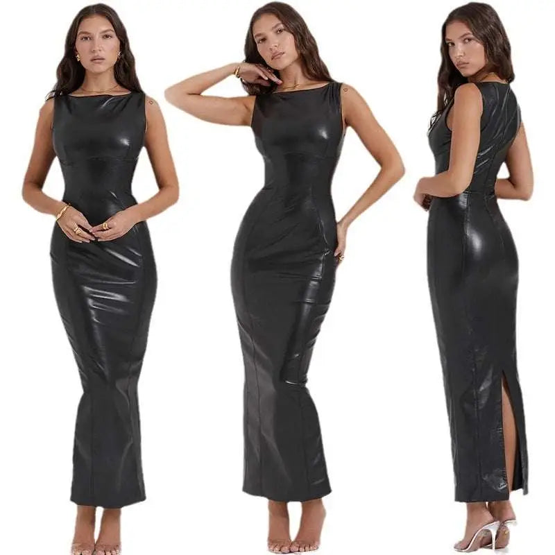 Black American style women dress with sleeveless glossy faux leather midi skirt and high neckline with side slit