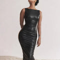 Black american style women dress in glossy faux leather with ruched detailing and structured bodice bodycon leather skirt