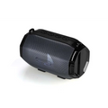 Black and gold bluetooth speaker portable subwoofer with textured mesh grille and glossy plastic casing power supply mode