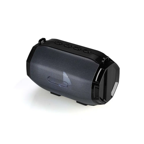 Black and gold bluetooth speaker portable subwoofer with textured mesh grille and glossy plastic casing power supply mode