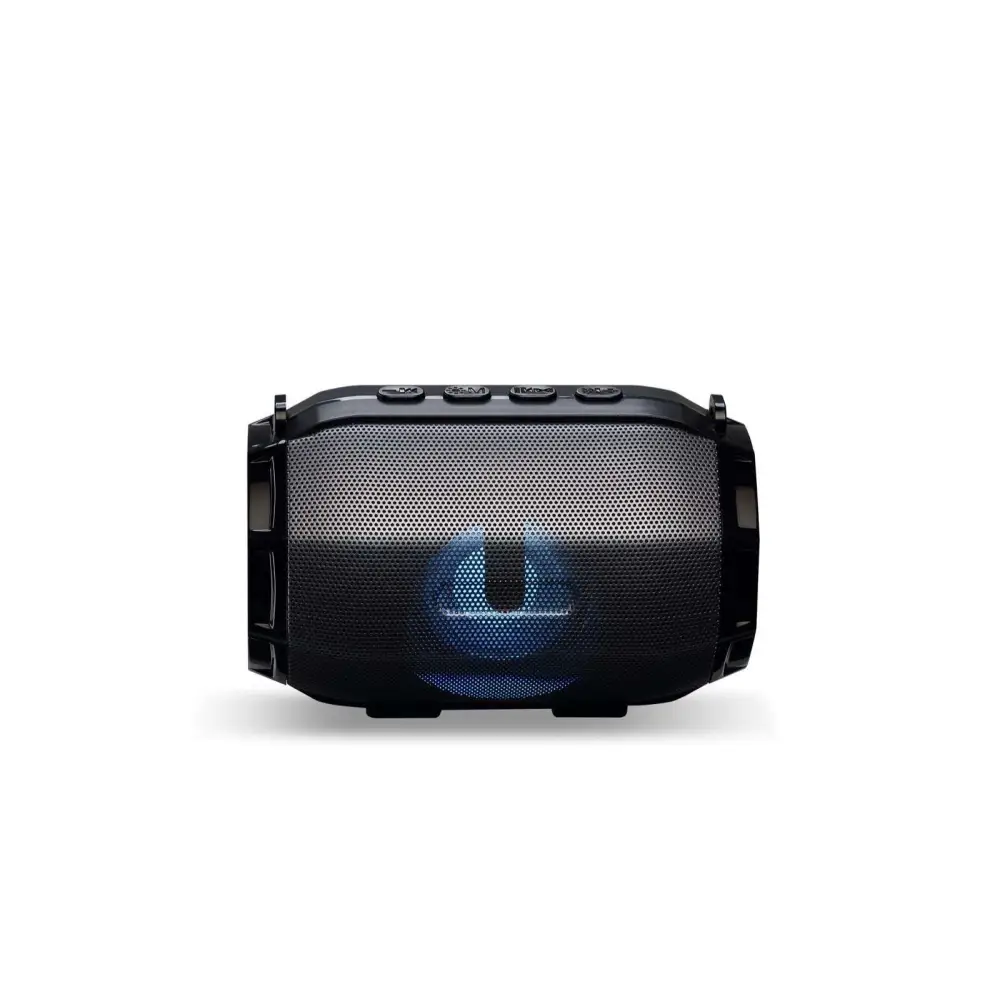 Black and gold bluetooth speaker portable subwoofer with perforated grille blue led lighting and power supply mode