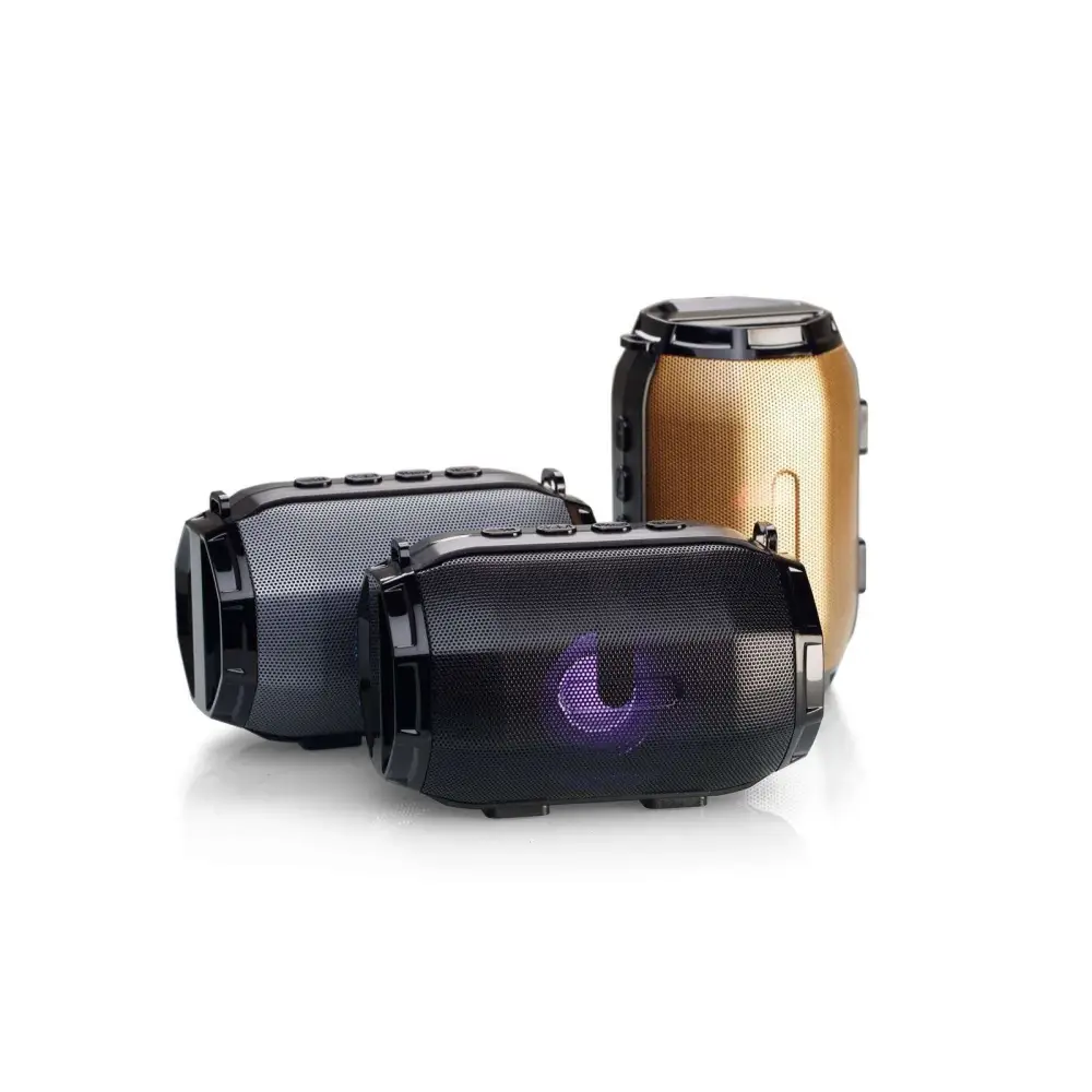 Black and gold bluetooth speaker portable subwoofer with textured mesh grille and illuminated purple led lights power supply mode