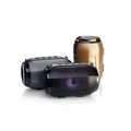 Black and gold bluetooth speaker portable subwoofer with textured mesh grille and illuminated purple led lights power supply mode