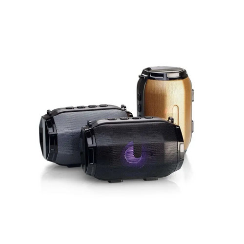 Black and gold bluetooth speaker portable subwoofer with textured mesh grille and illuminated purple led lights power supply mode