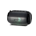 Black and gold bluetooth speaker portable subwoofer with mesh grille and green led light showing power supply mode