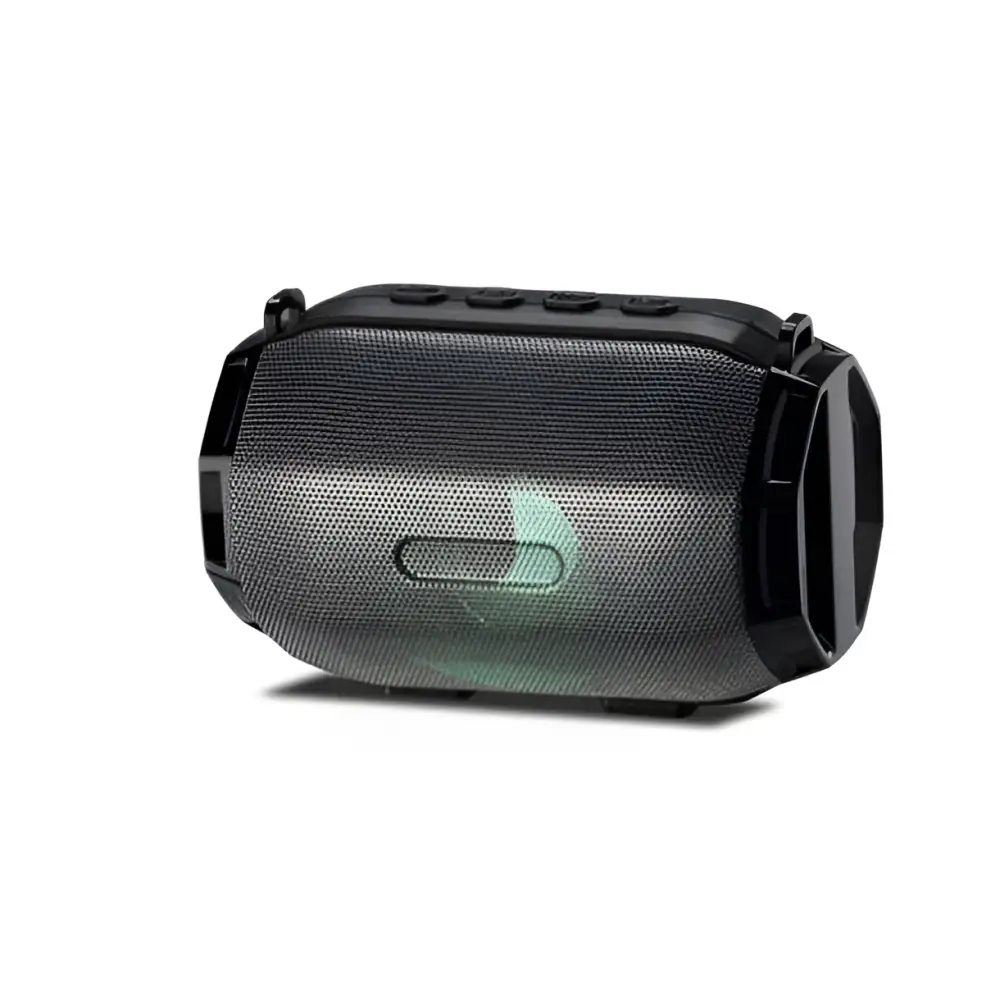 Black and gold bluetooth speaker portable subwoofer with mesh grille and green led light showing power supply mode