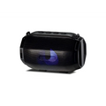 Black and gold bluetooth speaker portable subwoofer with rugged mesh grille and glowing blue led light power supply mode
