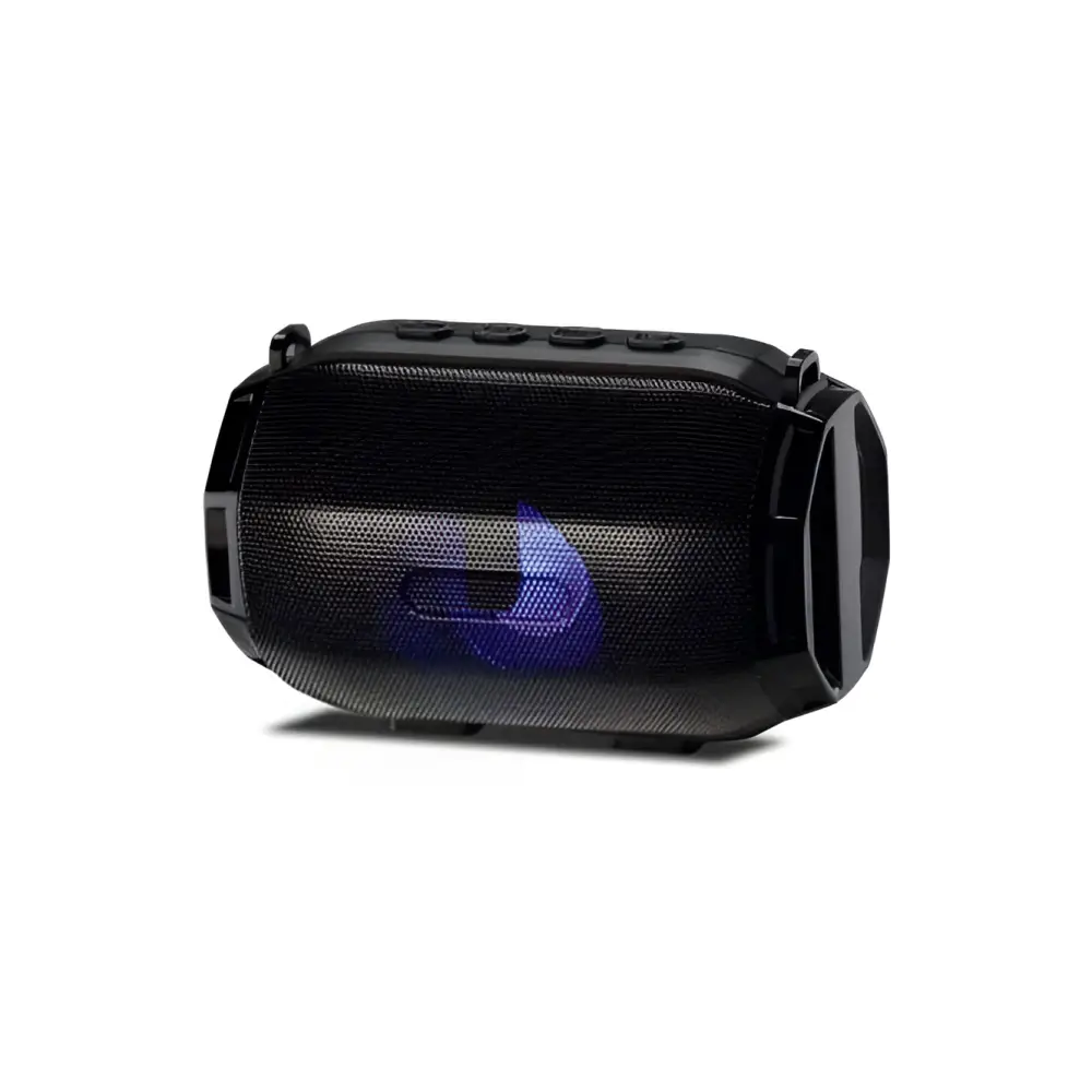 Black and gold bluetooth speaker portable subwoofer with rugged mesh grille and glowing blue led light power supply mode