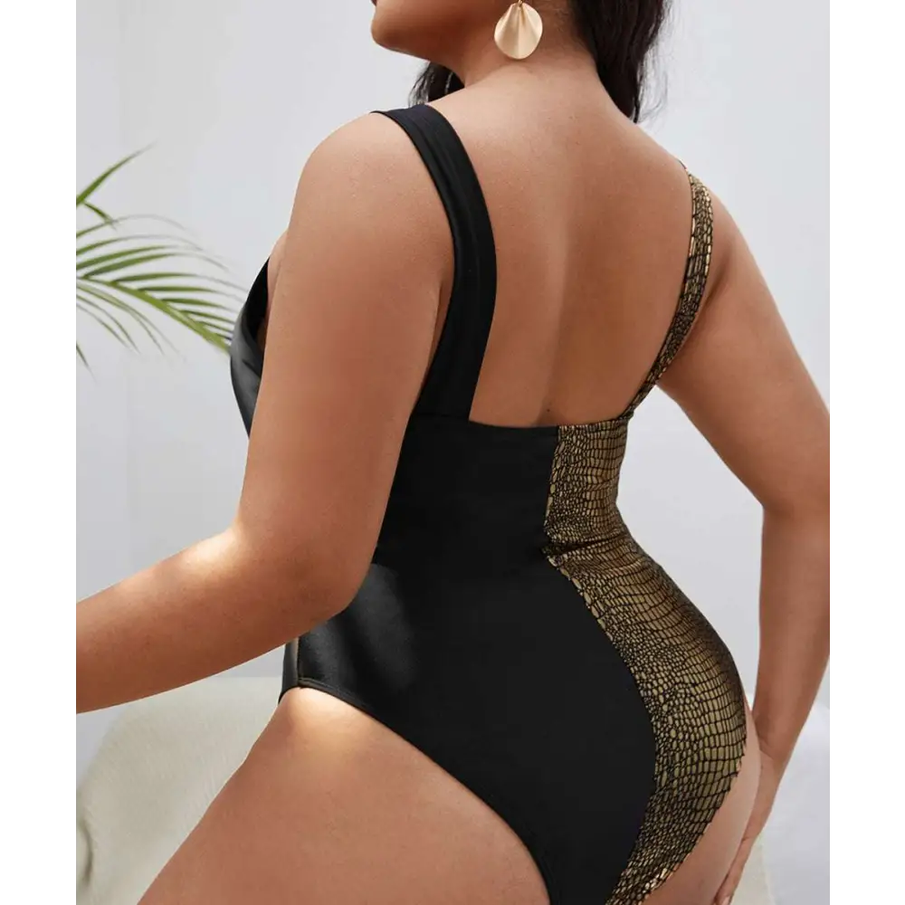 Black and gold mesh american plus size one-piece swimsuit with gold crocodile-patterned mesh panels on sides and back