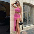 Pink ribbed knit two-piece casual suit set with high slit and cut-out details for shoulder casual suit size chart