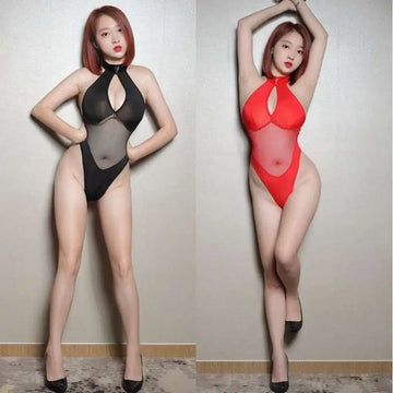 Black and red sheer mesh high fork thong bodysuit with high neckline and cutouts in a one-piece design