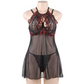 Black and red plus size transparent mesh sling nightdress with lace halter and sheer mesh overlay details