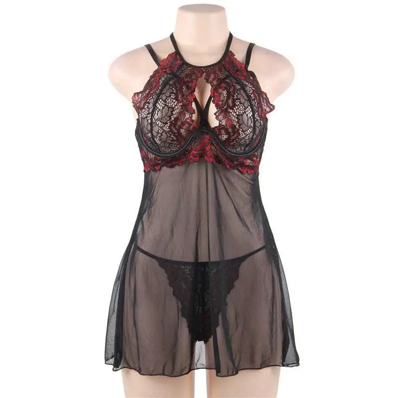Black and red plus size transparent mesh sling nightdress with lace halter and sheer mesh overlay details