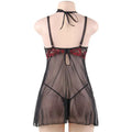 Black and red plus size transparent mesh sling nightdress with sheer fabric, red lace trim, and adjustable straps